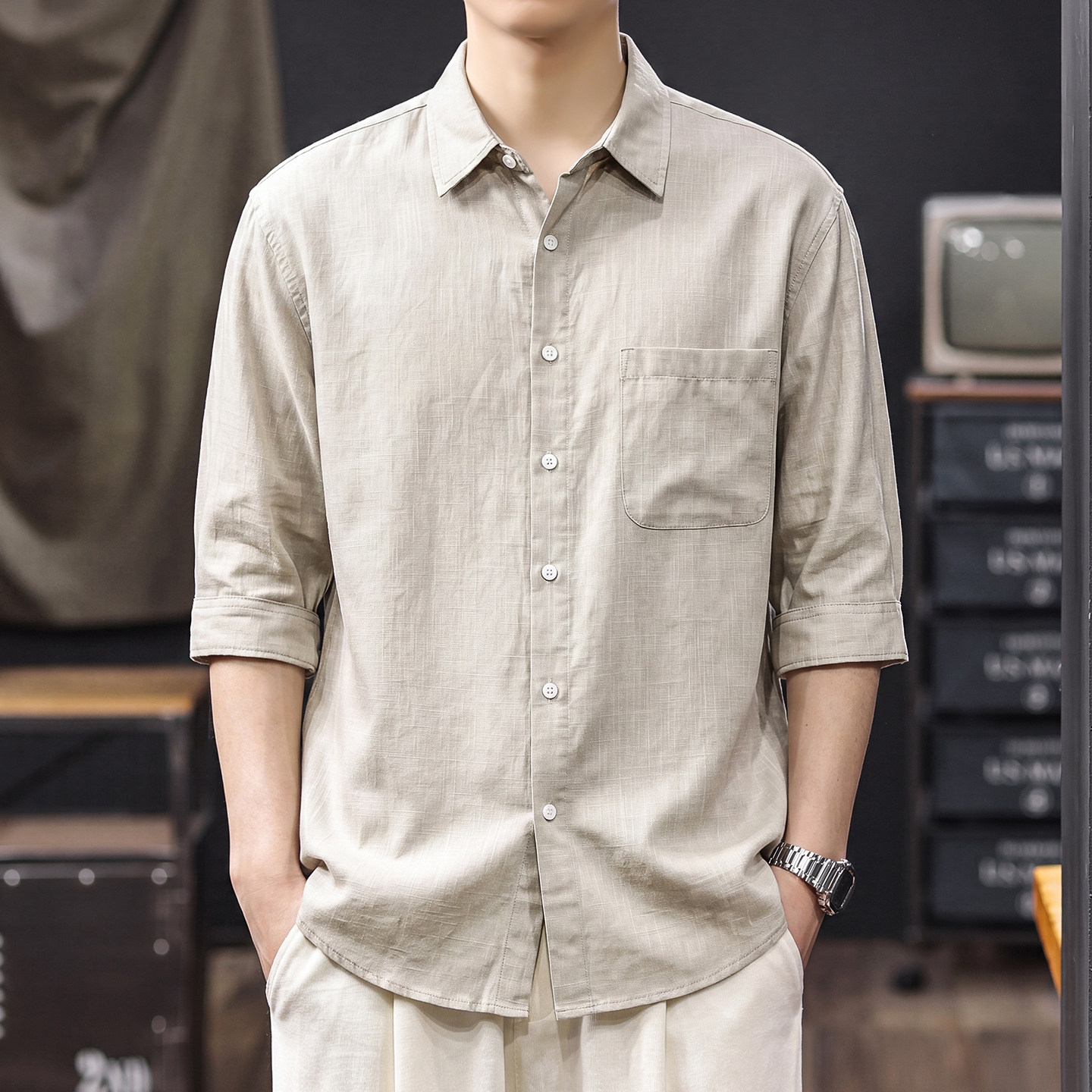 天丝亚麻冰凉短袖衬衫男2026夏季顺滑易打理男士薄款七分袖衬衣潮