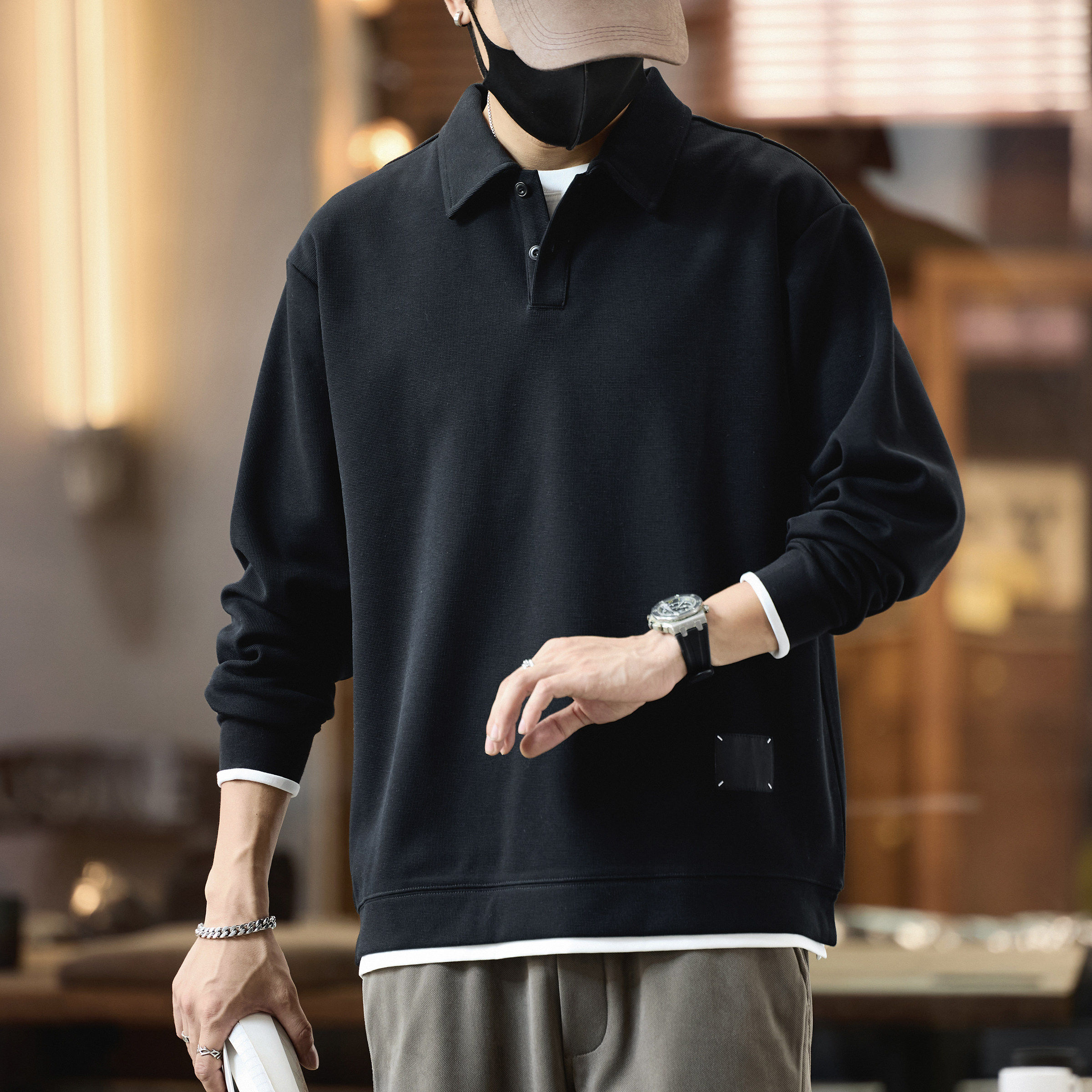 2026新款美式复古重磅长袖卫衣POLO衫男春季宽松翻领男士T恤男款