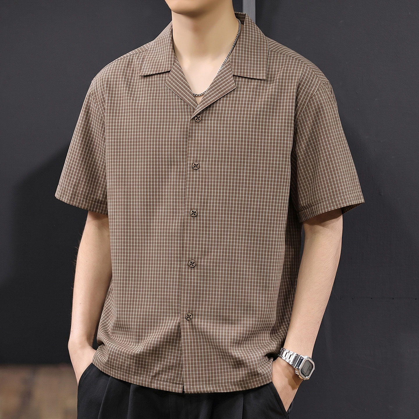 超薄速干格纹色织短袖衬衫男2026夏季美式古巴领夏威夷度假衬衫潮