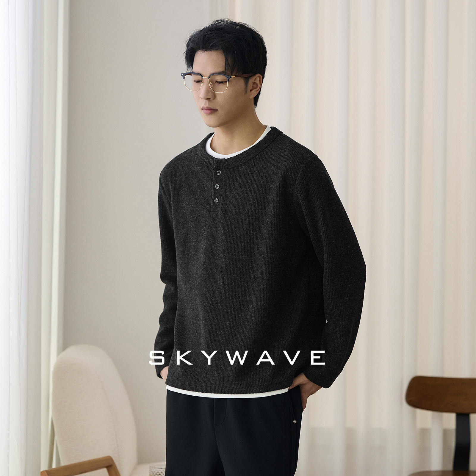 肌理感圆领长袖卫衣男士2026秋季新款软糯舒服城市休闲半开衫上衣
