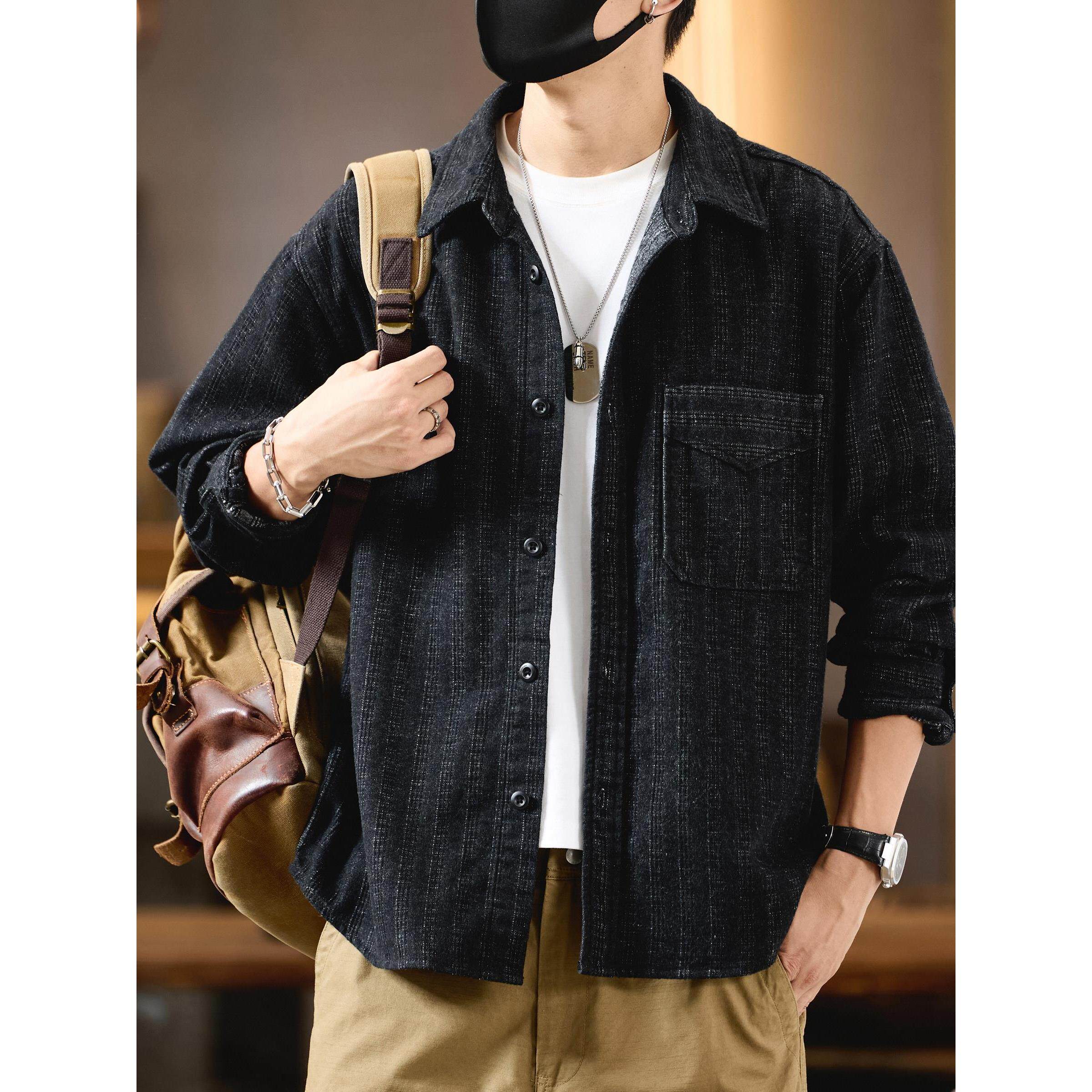 磨毛暗条纹提花牛仔衬衫牛仔衬衫男秋季新款工装风百搭长袖外套