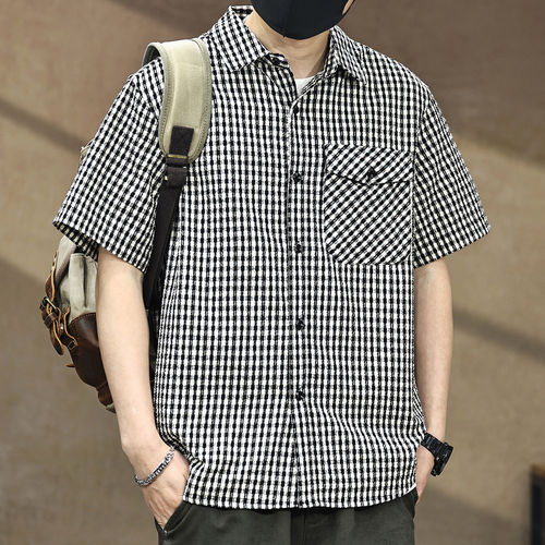 美式潮牌复古格纹短袖衬衫男士夏季新款宽松透气翻领休闲半袖衬衣