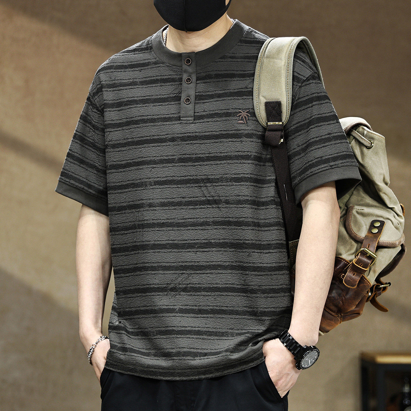 美式复古刺绣条纹T恤男士短袖夏季2026新款宽松大码亨利领半袖男