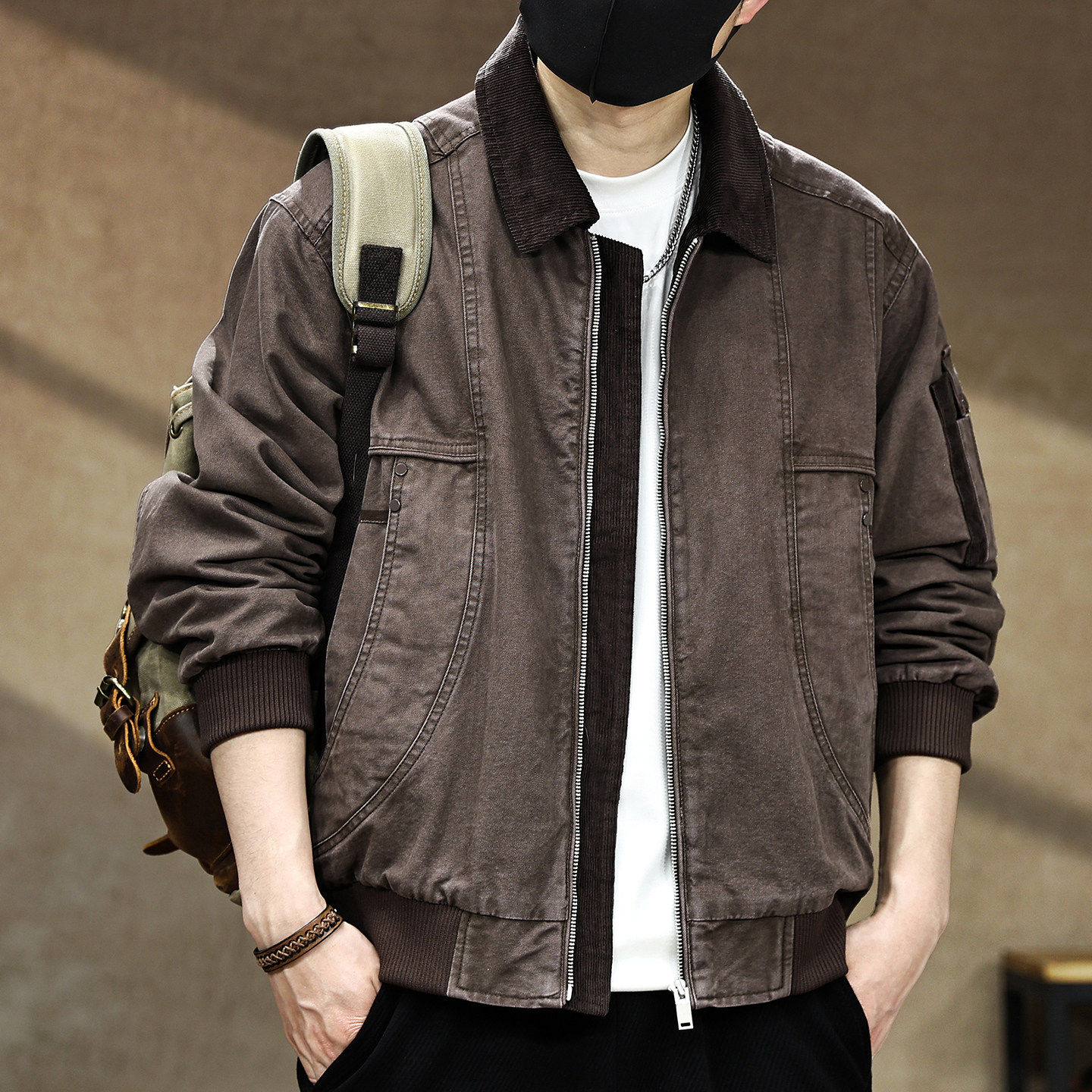 2026春季新款美式复古硬汉夹克男款宽松撞色翻领工装外套男士潮牌