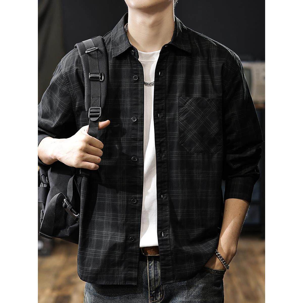 美式复古纯棉格子衬衫男长袖2025秋季新款高级感痞帅男士衬衣外套