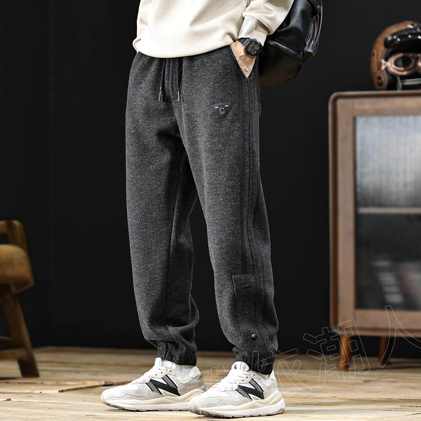 仿羊毛重磅条纹加绒加厚运动裤男2025秋冬季新款束脚休闲卫裤大码