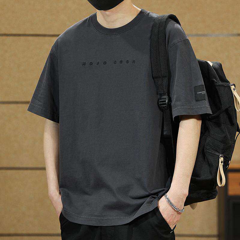 夏季重磅男士短袖t恤男款潮牌刺绣纯棉半袖男生衣服圆领宽松上衣