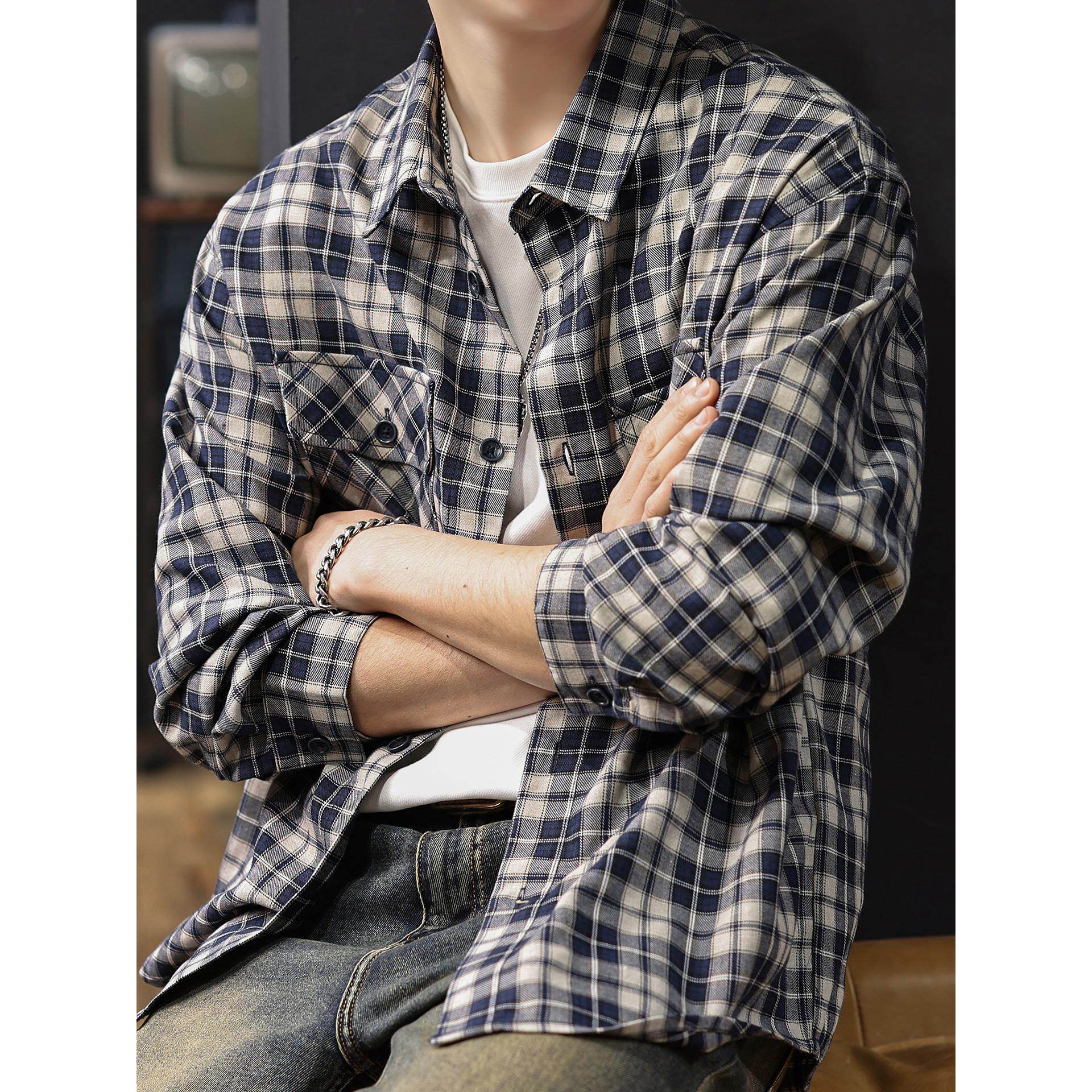 天然棉麻格子长袖衬衫男2025秋季新款美式复古宽松休闲衬衣外套潮