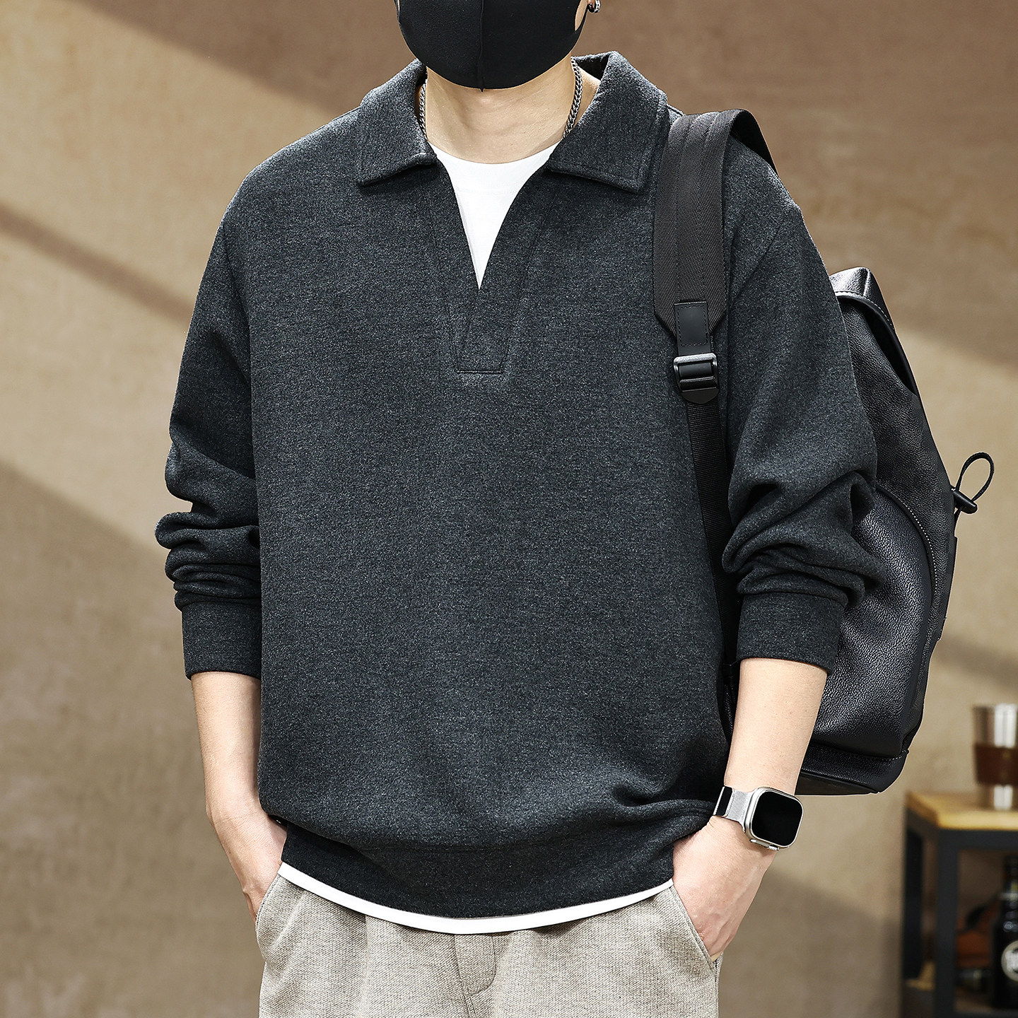 老钱风假两件polo翻领卫衣男士2026秋季新款宽松大码休闲套头上衣