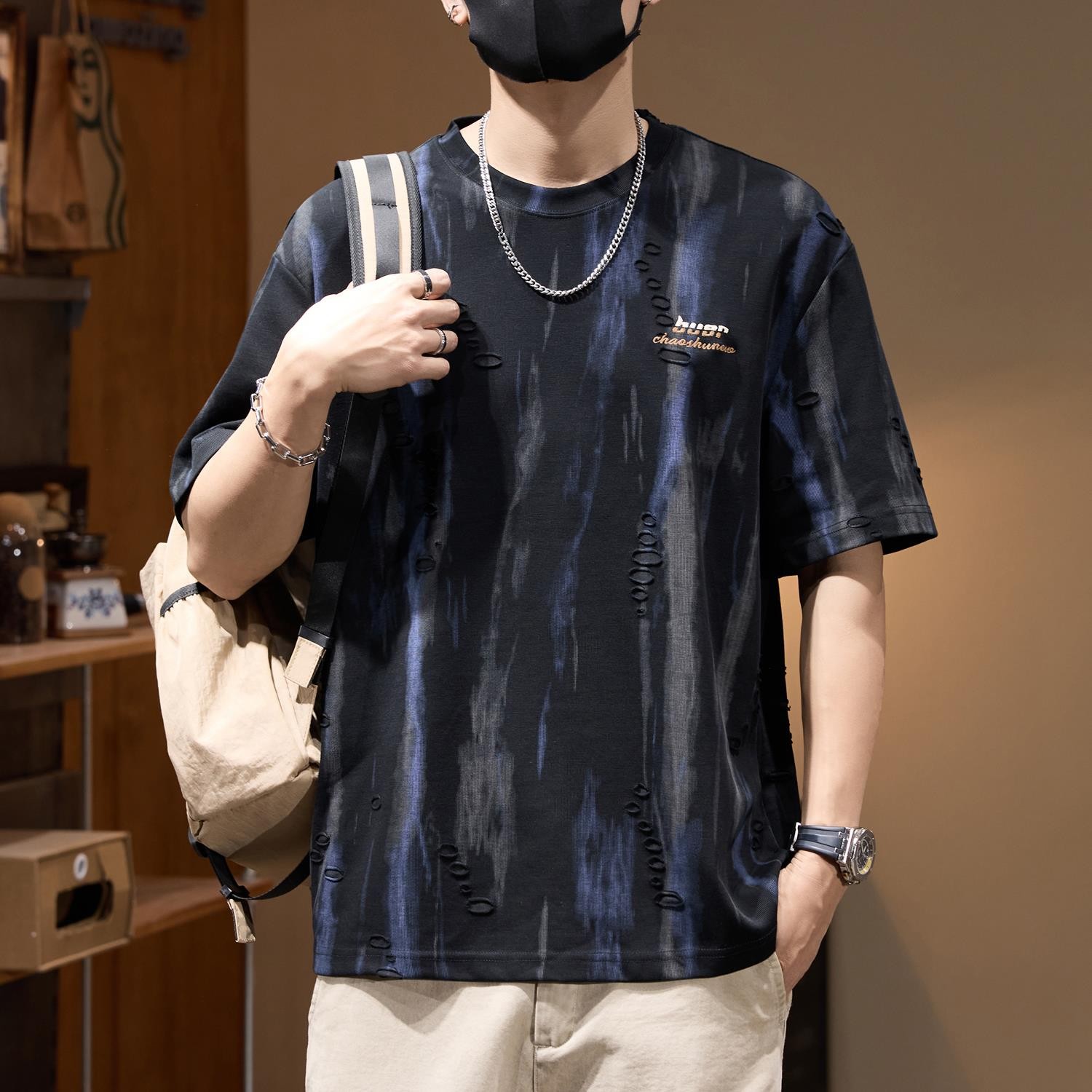 美式复古水墨印花短袖T恤男2025夏季凉感宽松大码速干半袖体恤潮