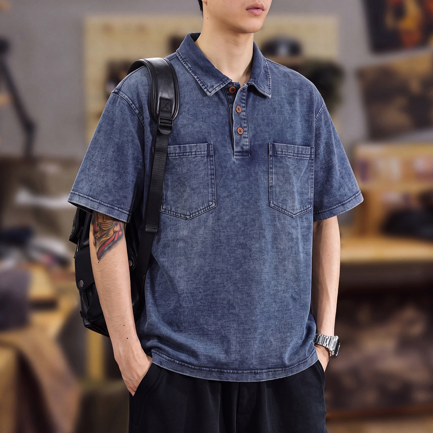 美式复古水洗牛仔Polo衫男2026新款夏季半袖宽松男士翻领T恤上衣