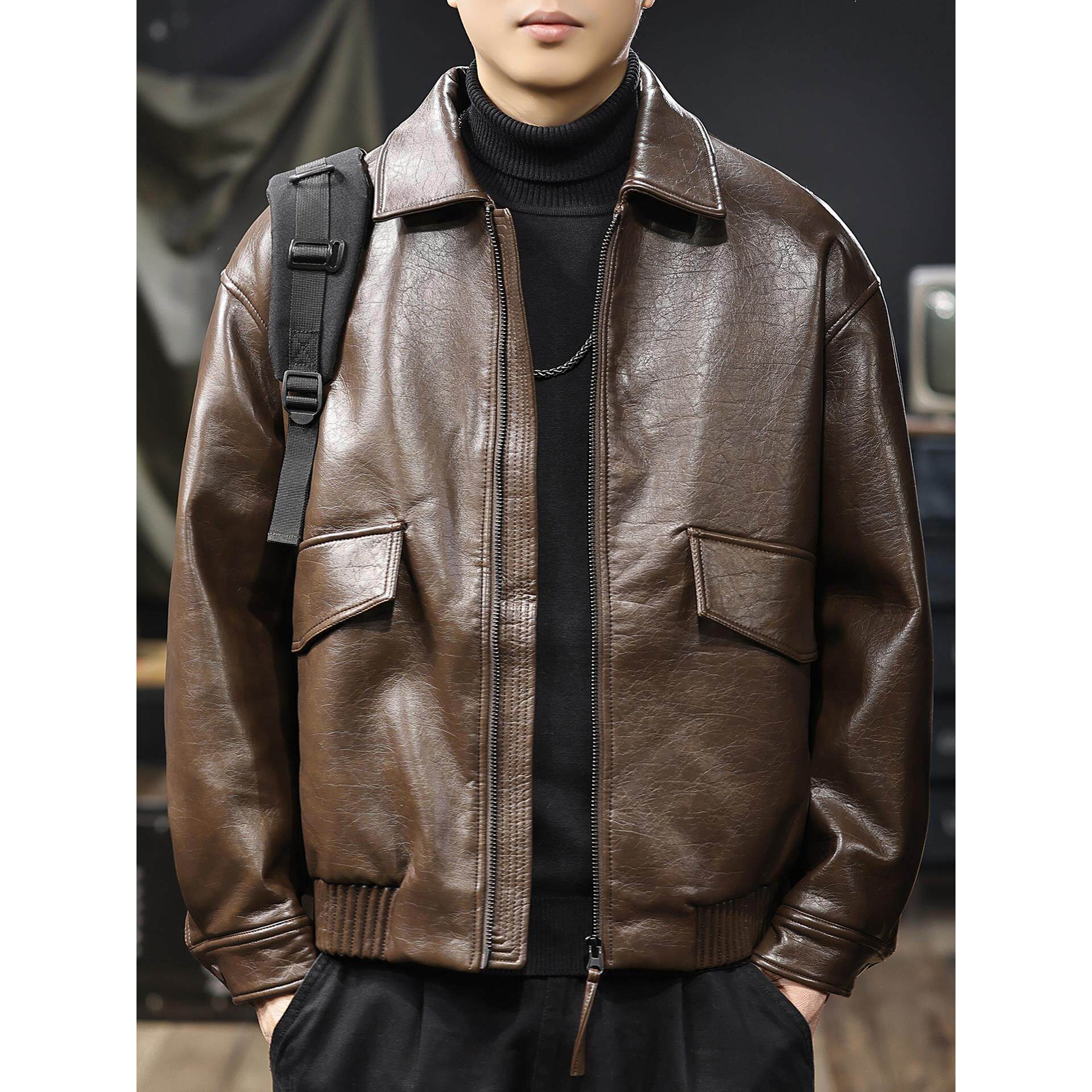 美式复古皮衣羽绒服男2025冬季90白鸭绒加厚保暖男士PU皮工装外套