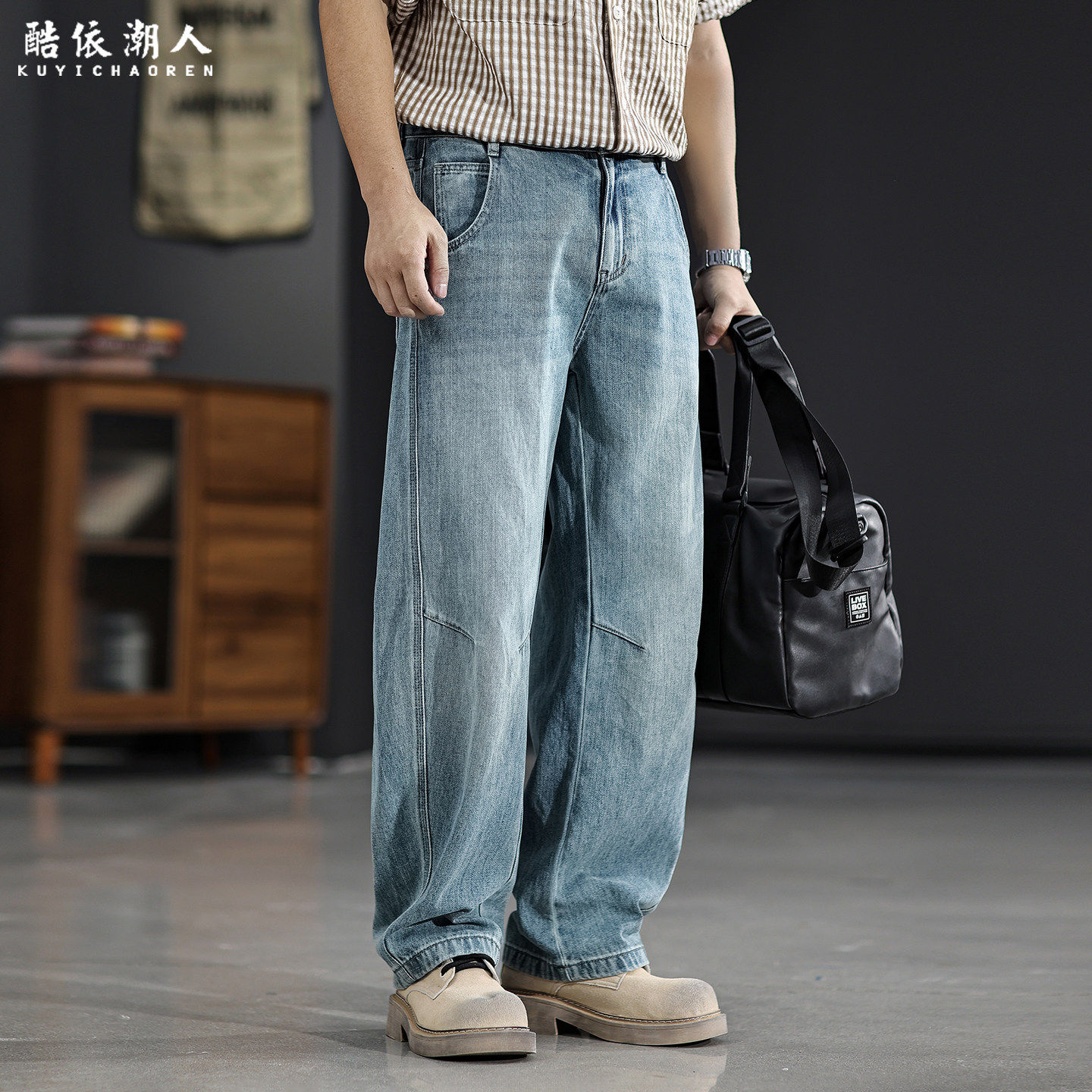 复古水洗纯棉牛仔裤男直筒宽松大码垂感弯刀阔腿裤春夏季2026新款