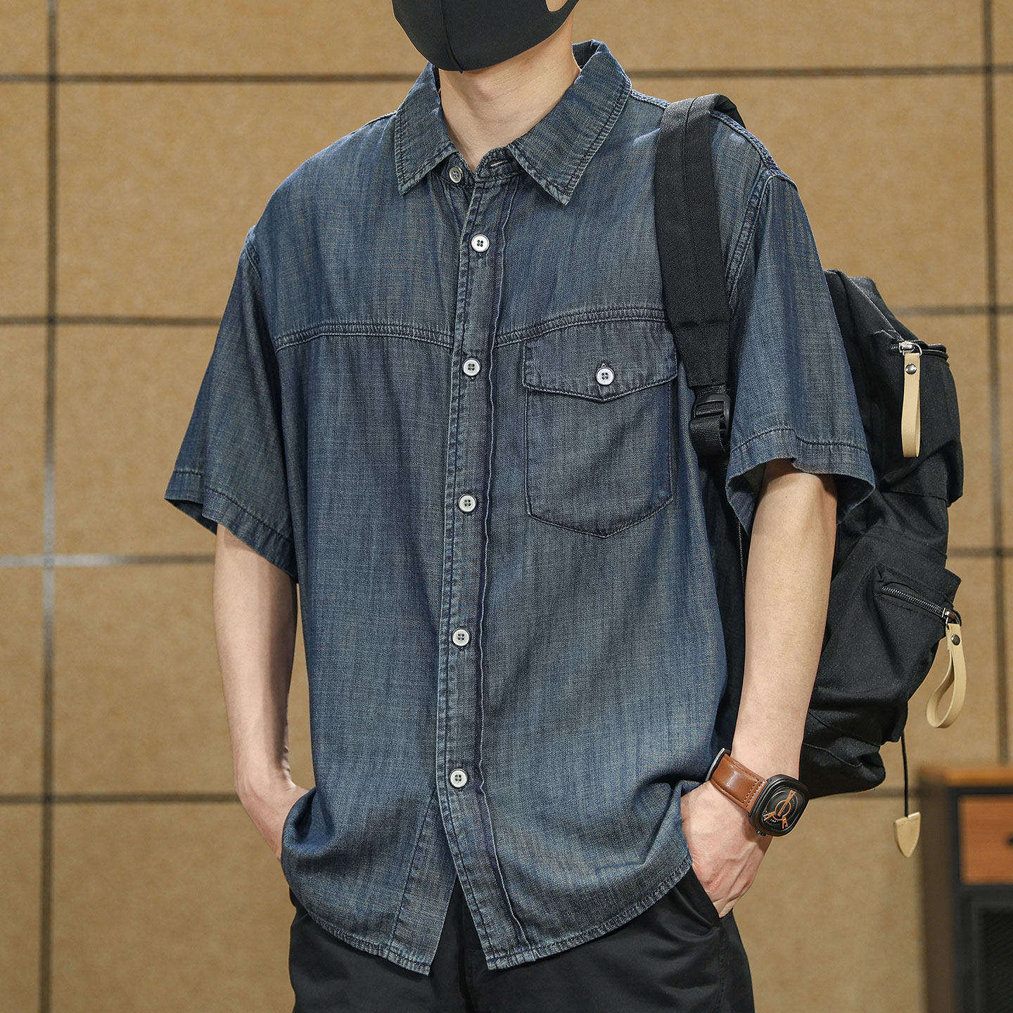高级感彷麻莱赛尔牛仔衬衫男短袖夏季凉感冰丝工装衬衣薄款外套男