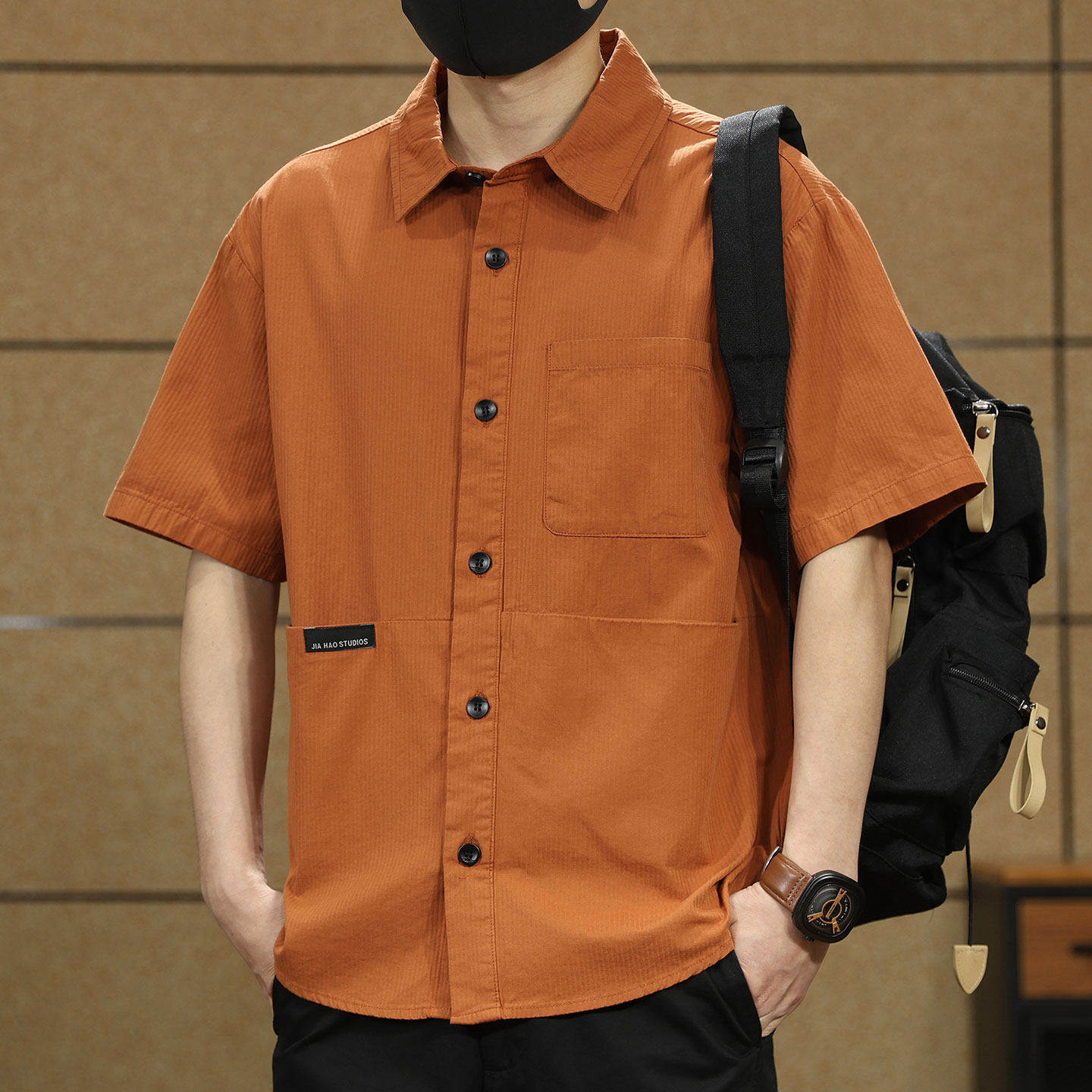 高端美式纯棉橘色短袖衬衫男士夏季宽松潮流半袖休闲工作服痞帅衬