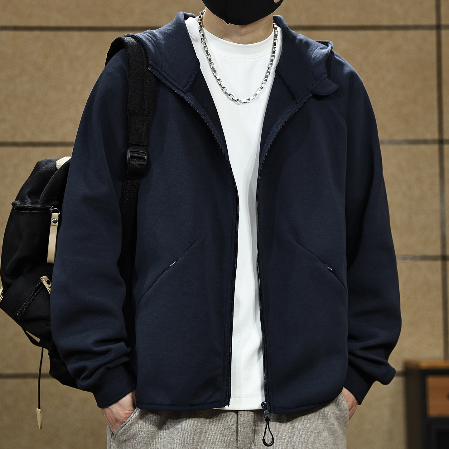 美式潮牌连帽开衫男士卫衣2026春季新款宽松大码纯色休闲运动上衣