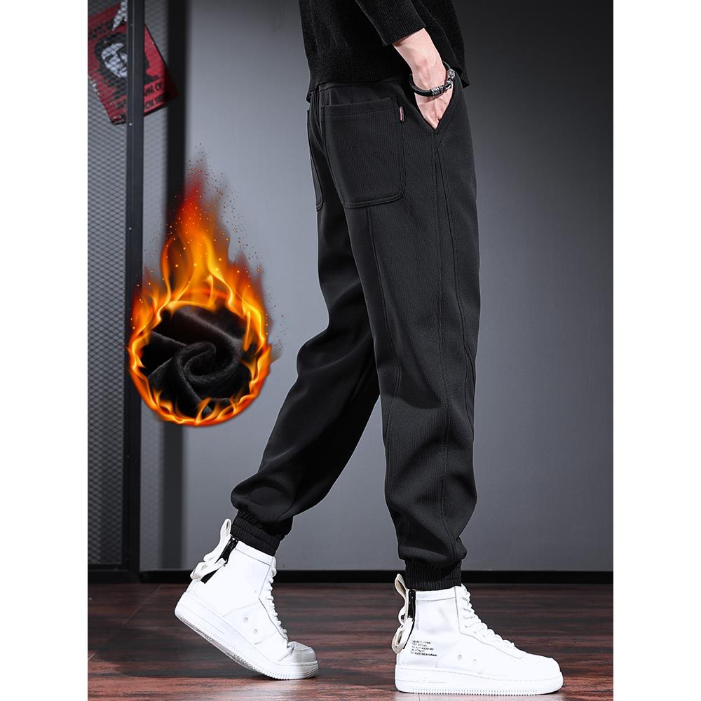 简约男士休闲裤欧美风松紧腰抽绳束脚运动裤冬季加绒加厚裤子男潮