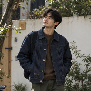 希越2026年秋季新款男士牛仔夹克复古翻领压褶设计休闲百搭外套