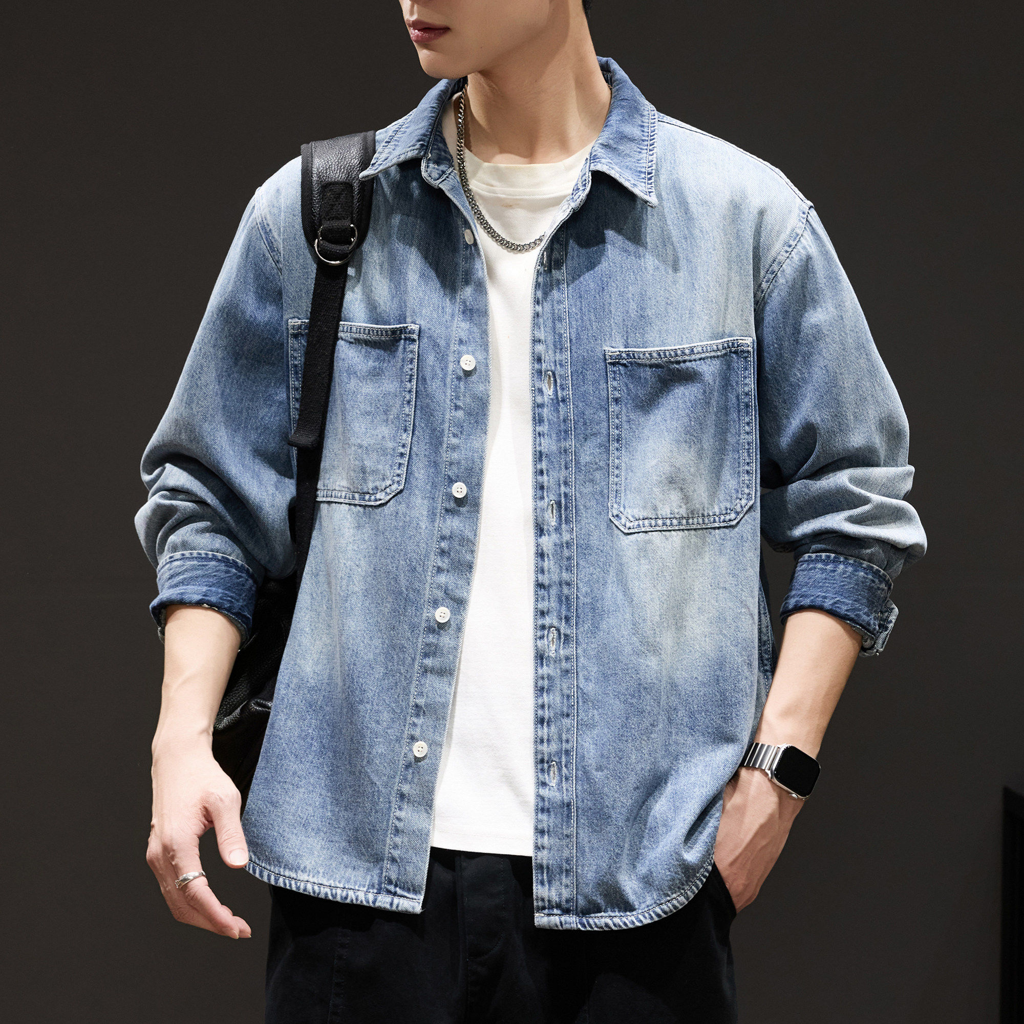 春季新款渐变牛仔衬衫男2026春秋水洗做旧长袖衬衣男士工装外套潮