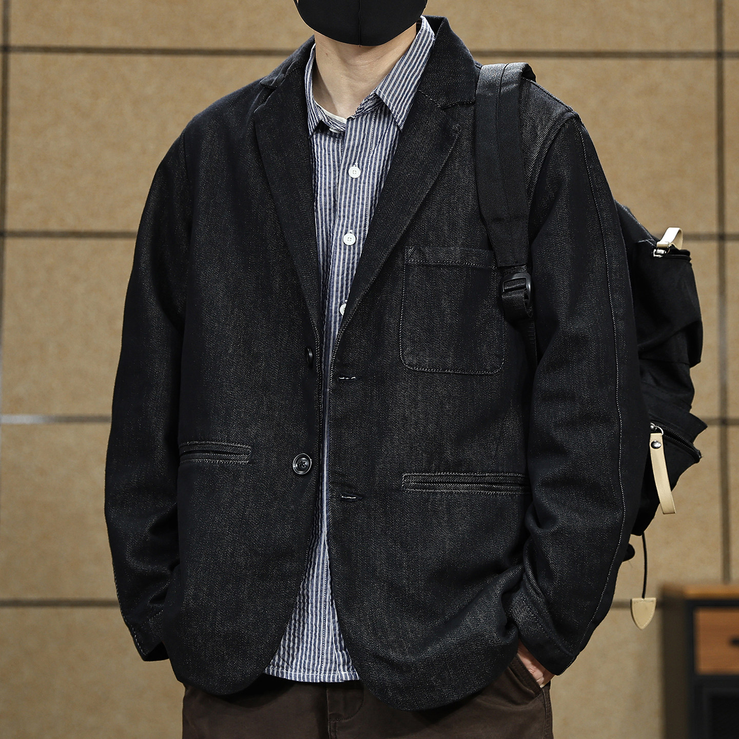 美式复古丹宁水洗西装夹克牛仔外套男春秋轻熟通勤宽松休闲西服男