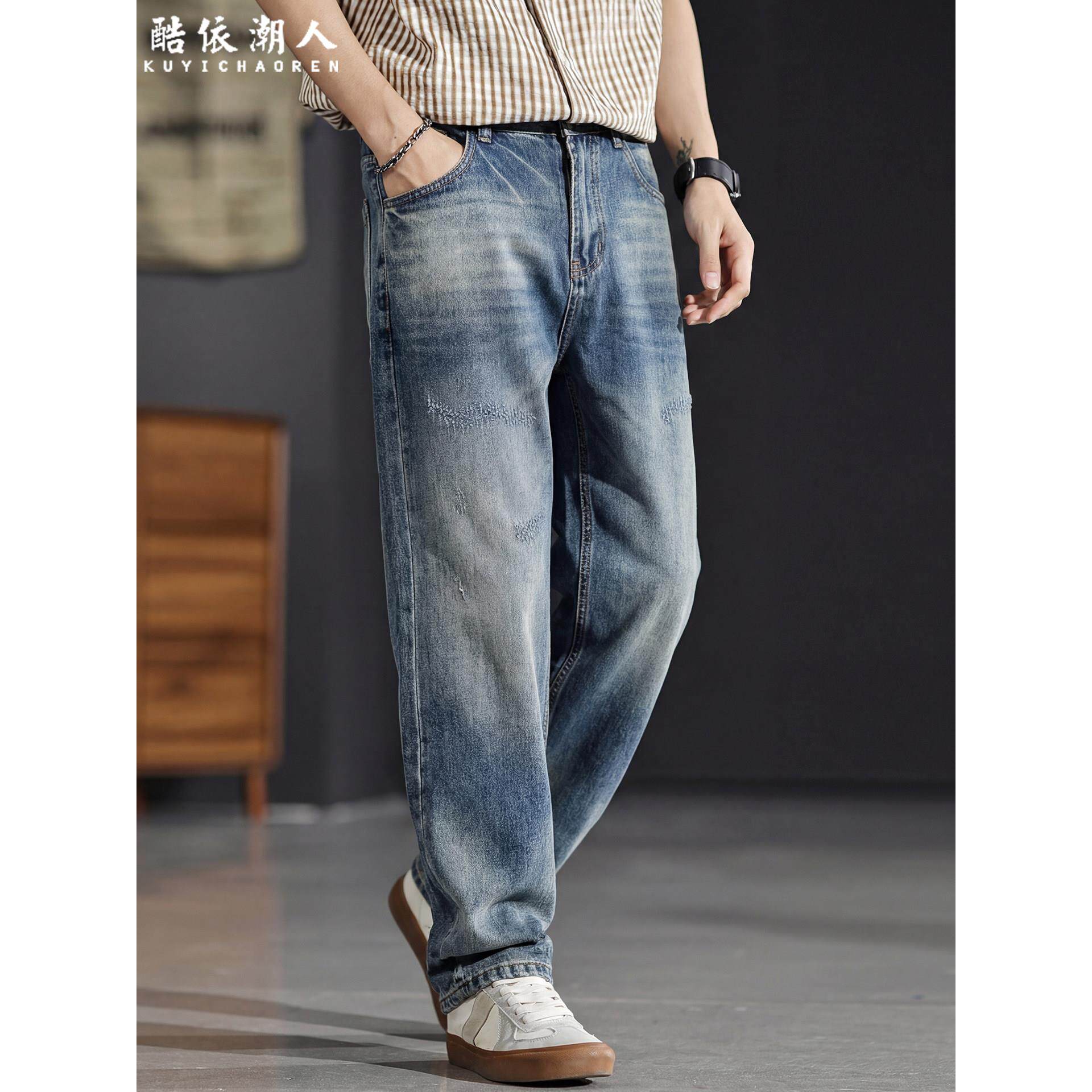 浅蓝色直筒牛仔裤男宽松2026新款春季长裤子潮流百搭大码