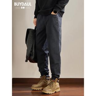 美式复古水洗做旧休闲裤男士宽大码束脚裤秋冬季加绒加厚束脚裤子