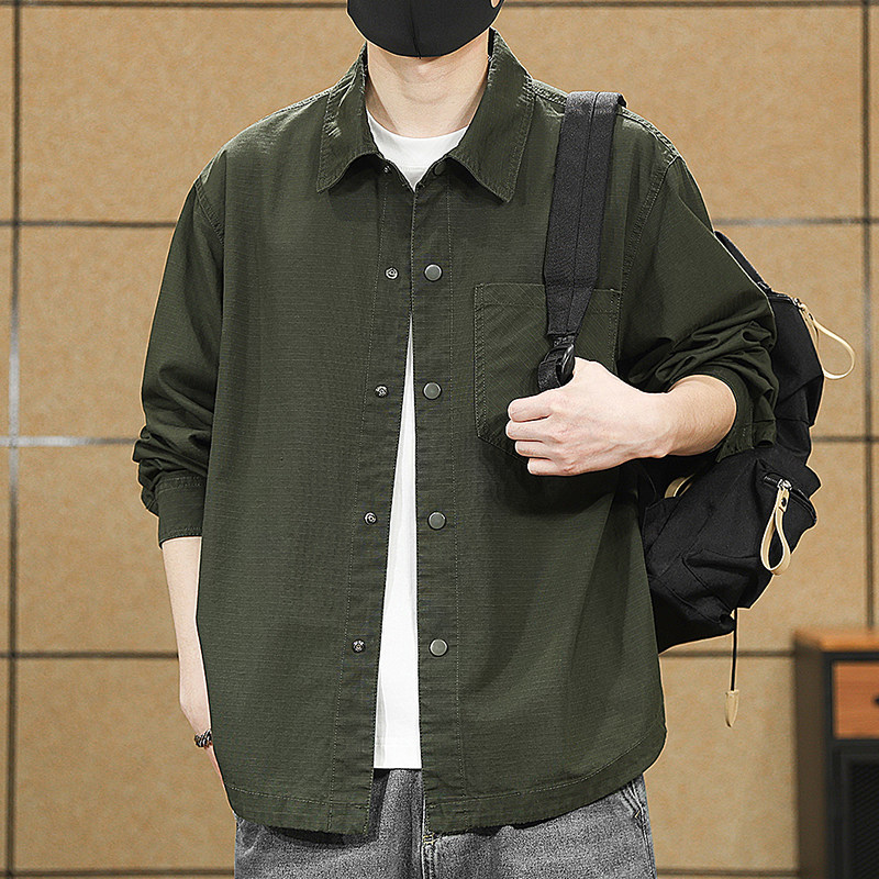 高端纯棉简约透气工装长袖衬衫男春秋新款日系复古宽松衬衣外套男