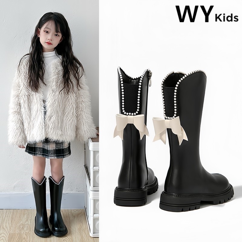 马丁靴女款儿童秋冬季洋气走秀款高筒加绒二棉软底女童皮靴长筒靴