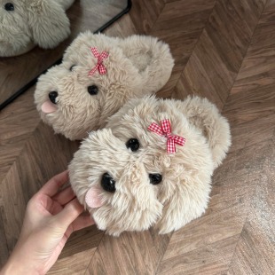 毛绒茸茸厚底防滑可爱家居室内保暖拖鞋 冬季 2025新 女款 小狗棉拖鞋