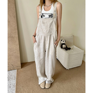 南油小众原创设计mskin6 高品质亚麻背带裤高腰连体宽松裤子女夏