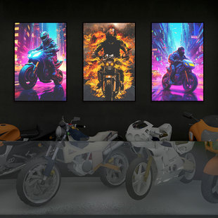 赛博朋克机车摩托车发光装饰画挂画机车店酒小酒馆氛围感装饰壁画