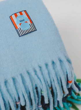 大小波 浮游串珠澳毛流苏围巾 长款纯色披肩秋冬新款百搭保暖蓝色