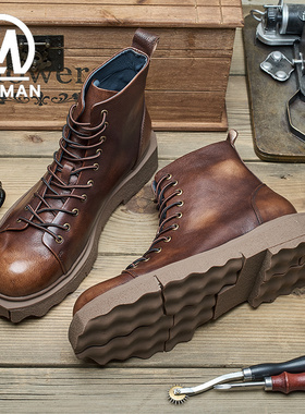 RODMAN马丁靴男英伦风复古中高帮真皮厚底短靴春冬季工装软皮靴子