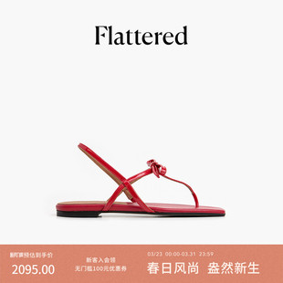 新款 Flattered 凉鞋 蝴蝶结细带平底夹趾时装 Sina女士真皮方头凉鞋