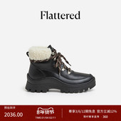 Flattered Liv女士真皮毛一体雪地靴系带厚底马丁靴羊绒户外短靴