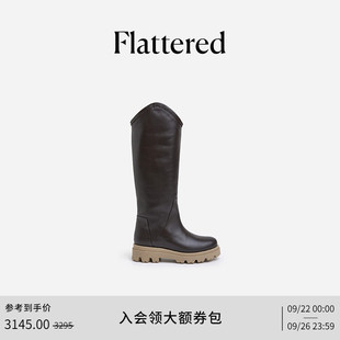 Flattered V筒复古手工长靴 Leonore女士真皮圆头厚底增高筒靴时尚