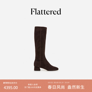 Flattered 靴粗跟显瘦瘦靴弹力羊皮袜靴 Eden女士麂皮高筒长靴时装
