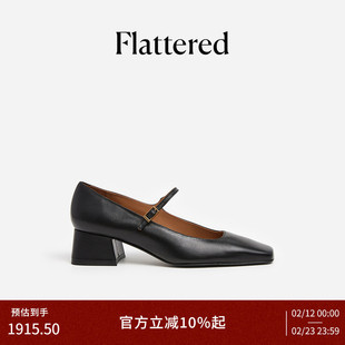 Flattered Evan女士真皮复古粗跟玛丽珍鞋方头浅口单鞋手工小皮鞋