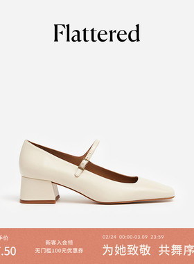 Flattered Evan女士真皮方头粗跟玛丽珍鞋手工小皮鞋婚鞋浅口单鞋