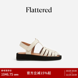 春夏 镂空猪笼鞋 Flattered Gigi女士牛皮厚底手工编织包头罗马凉鞋