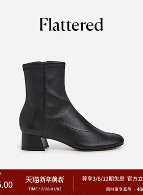 Flattered Ember女士羊皮手工短靴圆头粗跟弹力瘦瘦靴袜靴新款