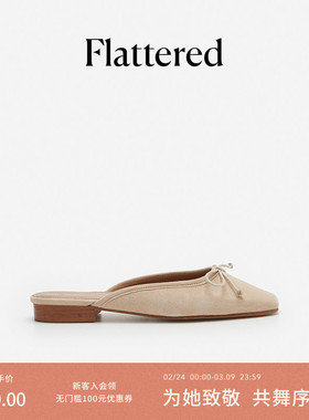 Flattered Malva女士羔羊皮手工蝴蝶结包头凉拖鞋平底穆勒鞋单鞋