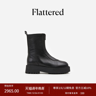 Flattered Alma女士牛皮圆头手工拉链切尔西靴厚底短靴瘦瘦弹力靴