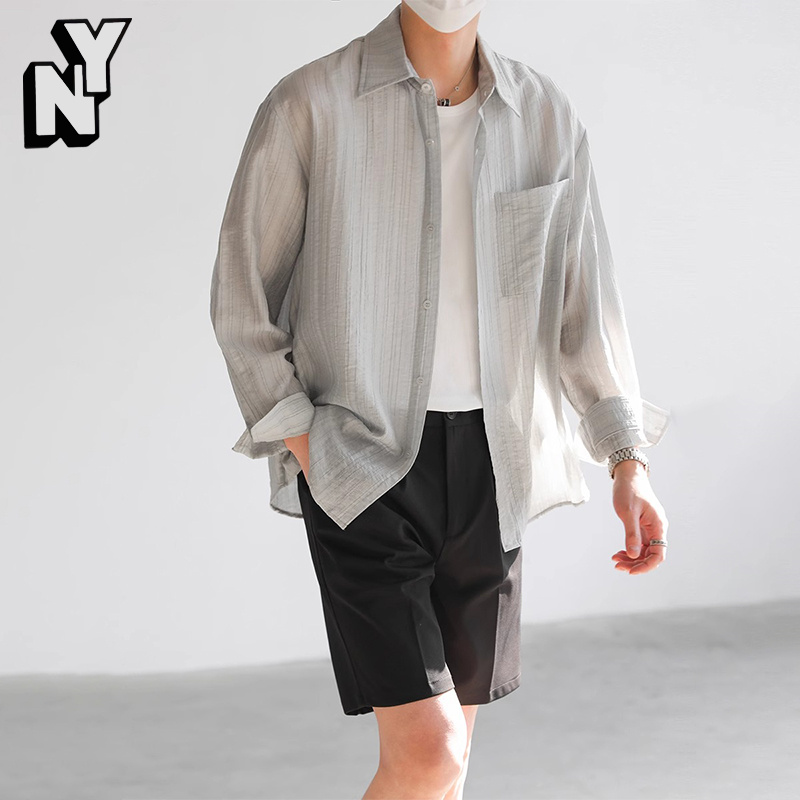 NY冰丝防晒长袖衬衫男士夏季潮牌宽松户外防晒服免烫薄款衬衣外套