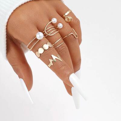欧美跨境戒指1套Europe America rings New Pearl Joint Ring Set