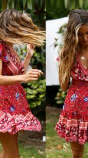 欧美夏季泰国东南亚渡假风复古碎花裙绑带人造棉棉绸短袖连衣裙子