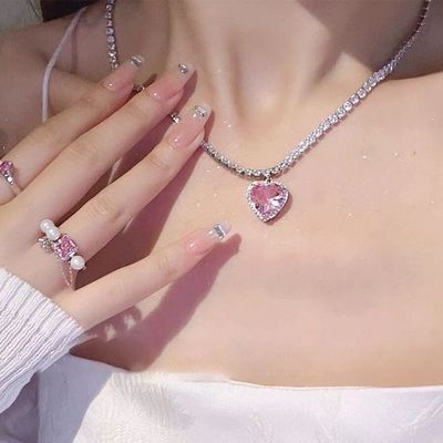 Peach Heart Necklace Pink Diamond Love Clavicular chain 项链