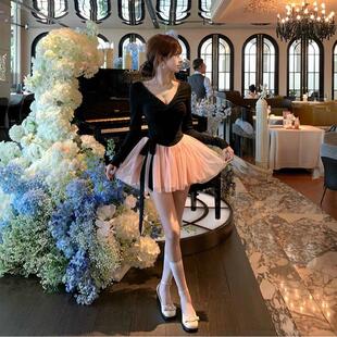 纯欲风粉色网纱V领长袖连衣裙女秋冬千金风生日蓬蓬收腰公主短裙
