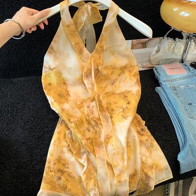 法式木耳边挂脖无袖上衣女2026夏季新款心机雪纺衫小衫纯欲吊带裙