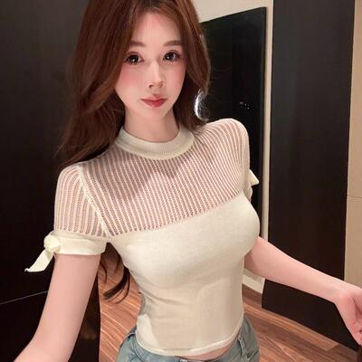 简约时尚设计感圆领镂空蝴蝶结针织短袖T恤女夏季新款修身短上衣